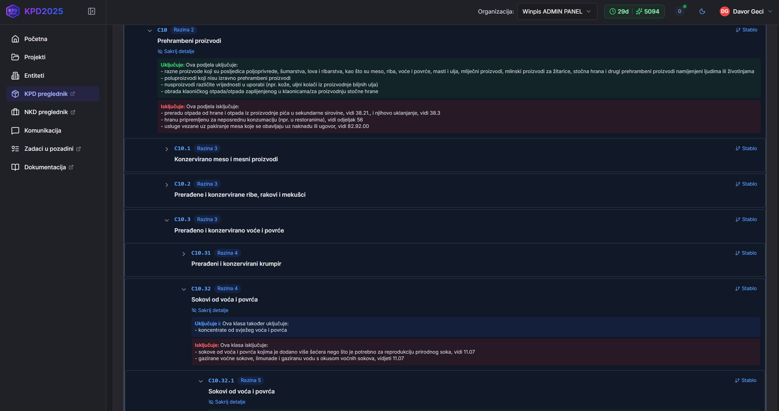 KPD2025 preglednik šifrarnika - kao KLASUS samo pametniji - detalji šifre C10 u tamnoj temi